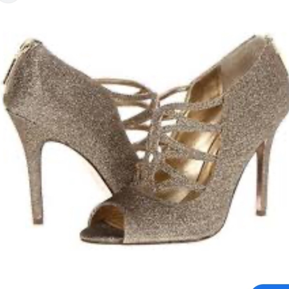 Nina Glitter Peep Toe Heels‎ Gold Sparkle Strappy Stiletto Pumps Women's Size 11